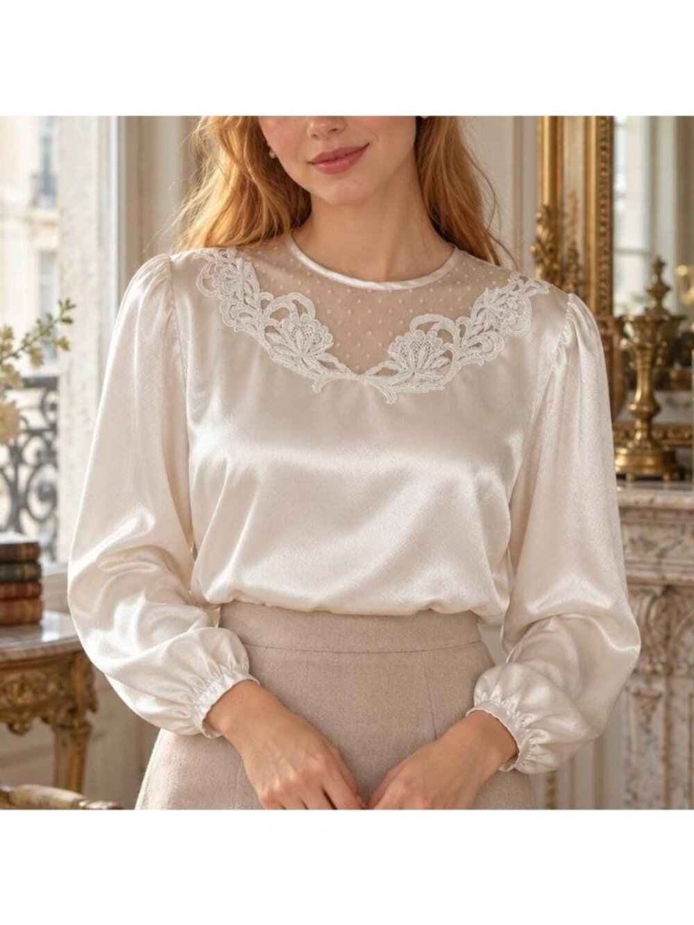 Vintage Susan Hutton Ivory Satin Blouse, Floral Lace Sheer Dotted Neckline